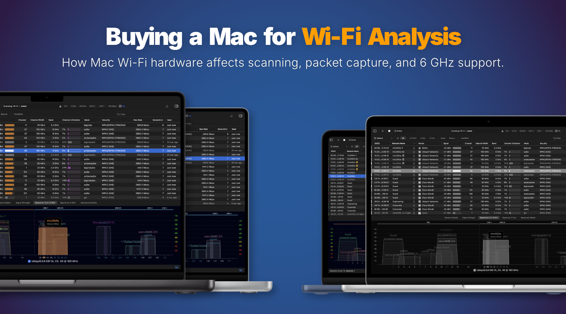 MacBook Air and MacBook Pro displaying WiFi Explorer, illustrating a guide to choosing the best Mac for Wi-Fi analysis based on Wi-Fi hardware capabilities.