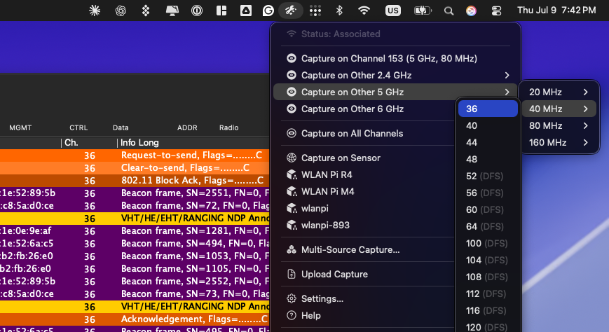 Capture Wi-Fi packets with Airtool Airtool 2 menu showing packet capture options by band, channel, and channel width alongside a live Wireshark capture for 802.11 packet analysis.