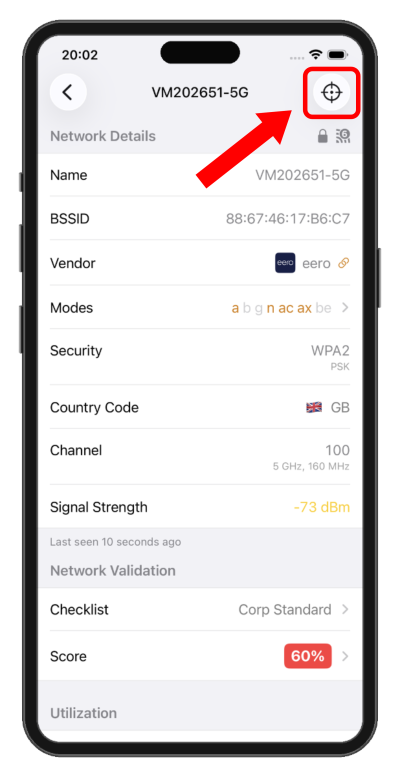 Network Details screen in WiFi Explorer Pi with the AP Finder crosshair button highlighted.