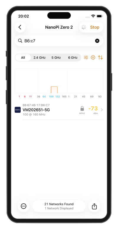 WiFi Explorer Pi scan filtered by a partial BSSID to display a single target access point.