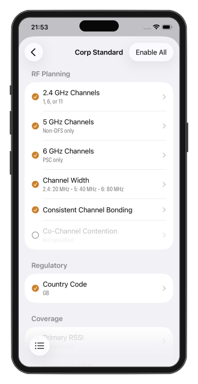 Corp Standard checklist showing enabled RF planning and regulatory criteria, including allowed channels, channel widths, and country code.