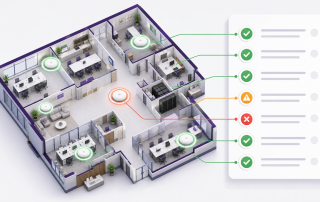 Isometric office floor plan showing multiple Wi-Fi access points connected to checklist results with pass, warning, and failure indicators.