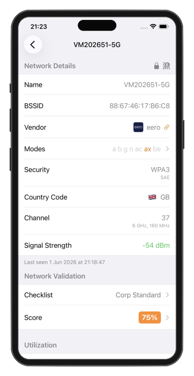 WiFi Explorer Pi Network Details screen showing the Corp Standard checklist with a 75% compliance score.
