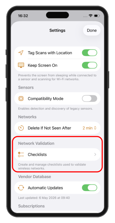 WiFi Explorer Pi Settings screen with the Network Validation Checklists option highlighted.