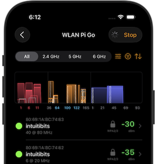 WiFi Explorer Pi network scan on iPhone WiFi Explorer Pi displaying nearby Wi-Fi networks, channel usage, and signal strength on an iPhone using a WLAN Pi Go external Wi-Fi sensor.
