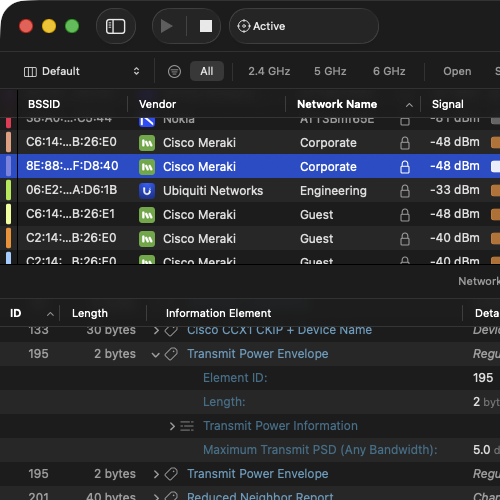WiFi Explorer Pro 3 advanced Wi-Fi analysis WiFi Explorer Pro 3 displaying nearby Wi-Fi networks and detailed 802.11 frame information for advanced WLAN analysis on macOS.