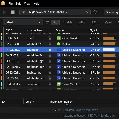 WiFi Explorer Pro for Windows advanced Wi-Fi analysis WiFi Explorer Pro for Windows displaying nearby Wi-Fi networks, signal strength, vendor information, and detailed 802.11 frame information on Windows.