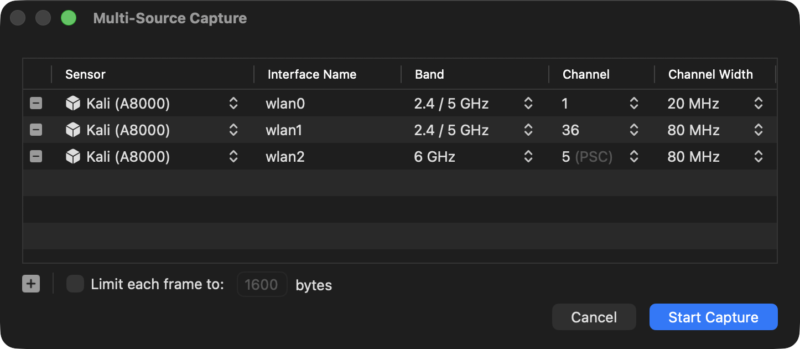 Airtool 2 Multi-Source Capture window with three entries on the Kali sensor, each using a different interface and a channel in the 2.4, 5, and 6 GHz bands.