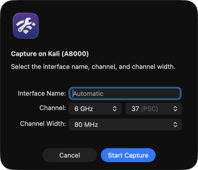 Airtool 2 prompt shown before a sensor capture, with fields for the remote wireless interface, the channel, and the channel width.