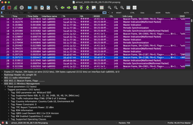 Wireshark displaying an 802.11 packet capture from a Kali Linux Wi-Fi adapter on channel 149.