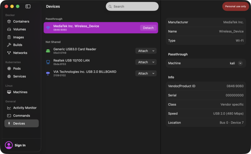 OrbStack Devices tab listing the Netgear A8000 under Passthrough, with the detail panel showing its vendor and product IDs and link speed.