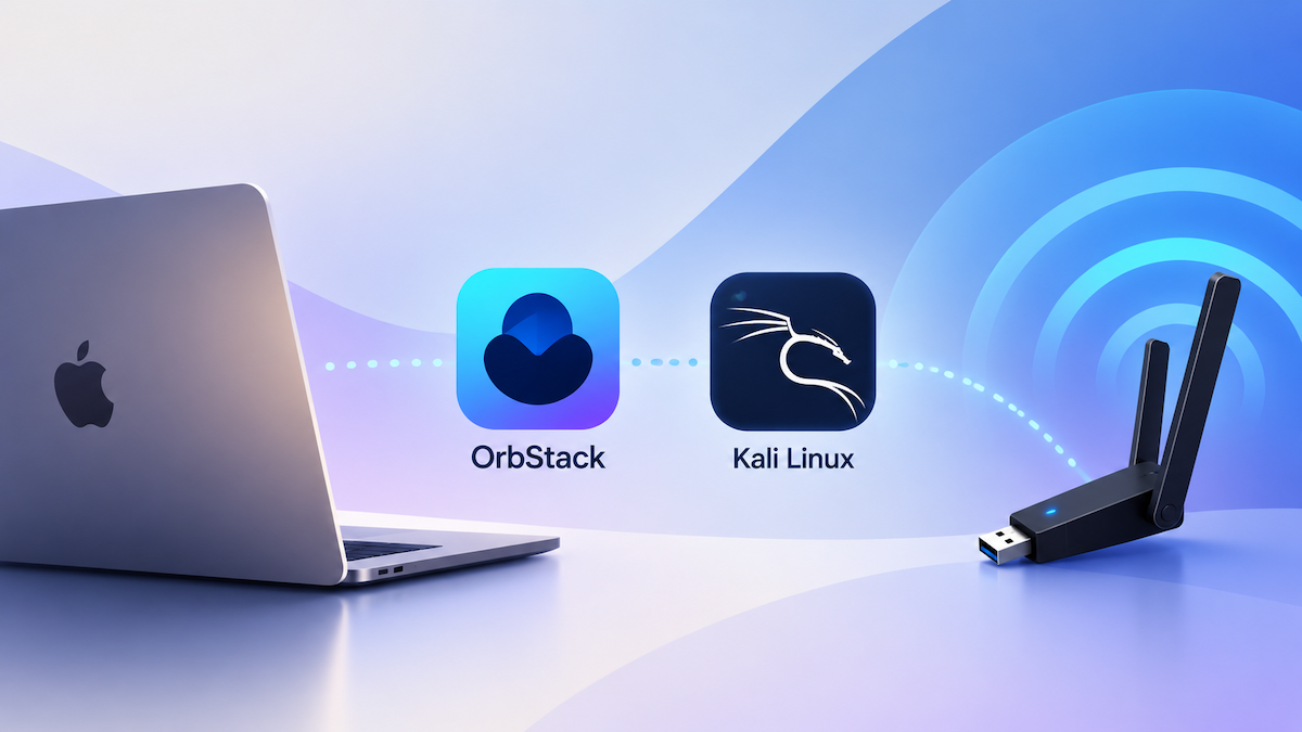 Apple silicon Mac connected through OrbStack and Kali Linux to an external USB Wi-Fi adapter for wireless scanning and packet capture.