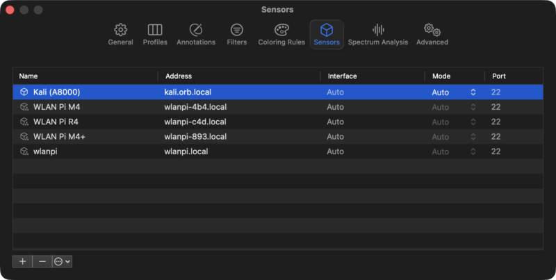 WiFi Explorer Pro 3 Sensors settings showing the Kali sensor with hostname kali.orb.local, an empty Interface Name field, port 22, and the Mode column.