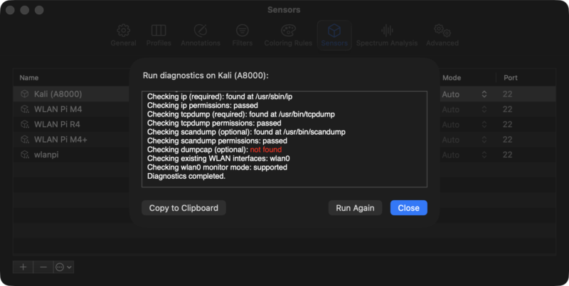 WiFi Explorer Pro 3 sensor diagnostics for the Kali sensor, with every check reported as passing.